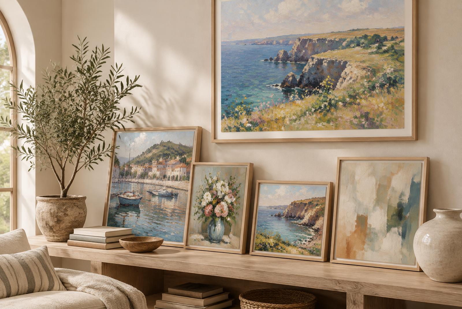 Framed prints in a bright room