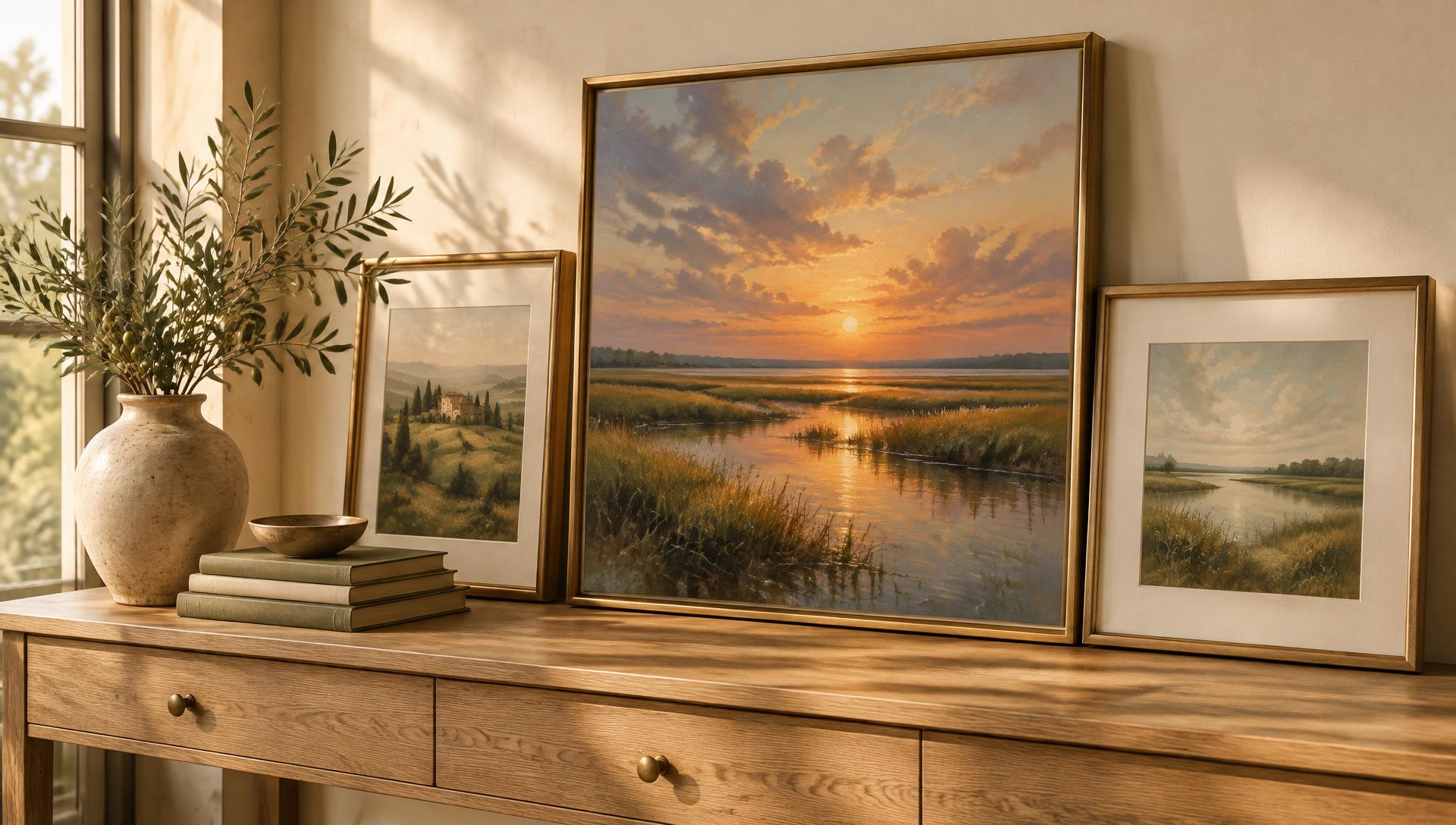 Framed fine-art prints on an oak shelf beside an Artworks box